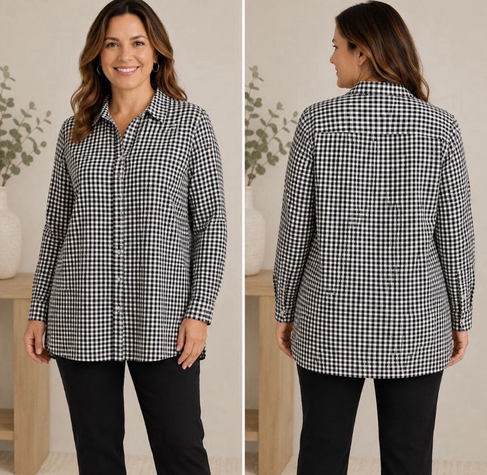 J Jill Women's Checkered Button Up Long Sleeve Size Large Black White